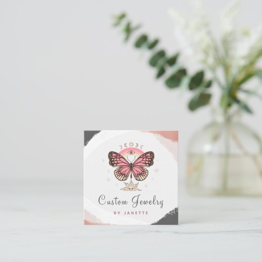 Boho Pink Butterfly Mystic Moon Handmade Jewelry Vierkante Visitekaartje (Staand voorkant)