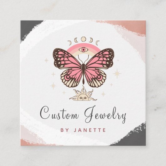 Boho Pink Butterfly Mystic Moon Handmade Jewelry Vierkante Visitekaartje (Voorkant)