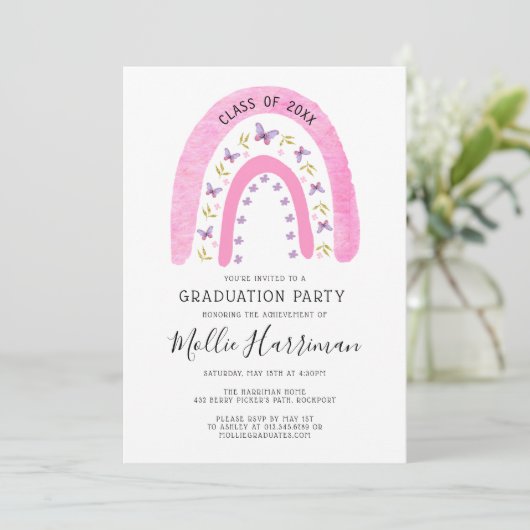 Boho Pink Butterfly Rainbow Girly Afstuderen Kaart (Staand voorkant)