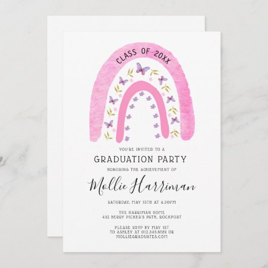 Boho Pink Butterfly Rainbow Girly Afstuderen Kaart (Voorkant / Achterkant)