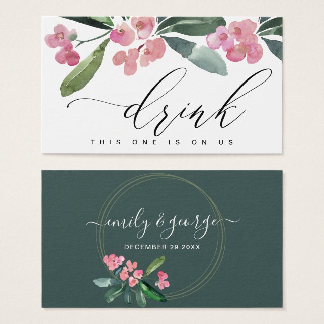 BOHO PINK CHRIST THORN BLOOM WEDDING DRINK TICKET VISITEKAARTJE (Voorkant /achterkant)