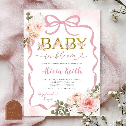 Boho Pink Coquette Pampas Grass Baby Shower Baby i Kaart