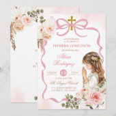 Boho Pink Coquette Pampass Grass First Holy Commun Kaart (Voorkant / Achterkant)