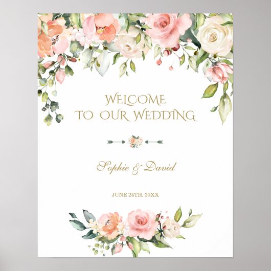 Boho Pink Cream Flowers Welkom Weddenschap Poster (Voorkant)