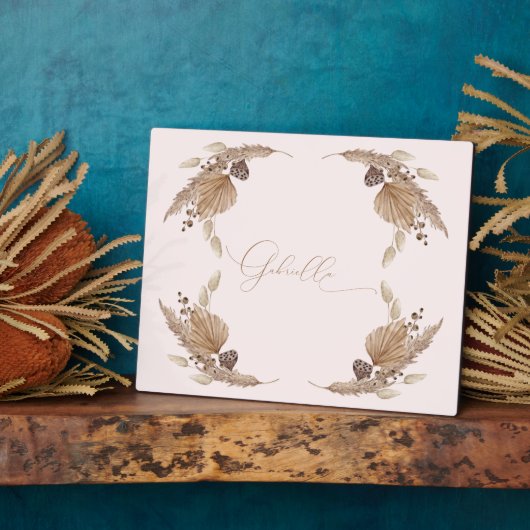 Boho Pink Custom Name Tafelblad Plaque met Ezel Fotoplaat (Zijkant)