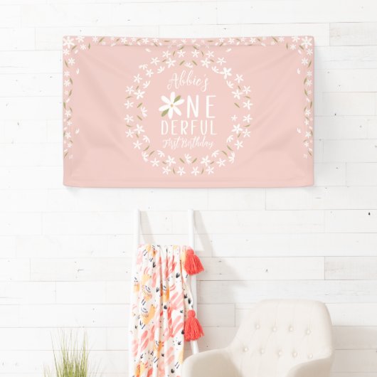 Boho Pink Daisy First Birthday Backdrop Spandoek (Insitu)