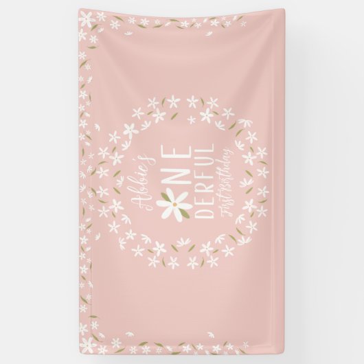 Boho Pink Daisy First Birthday Backdrop Spandoek (Verticaal)