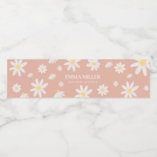 Boho Pink Daisy Floral Water Fles Etiket (Enkel label)