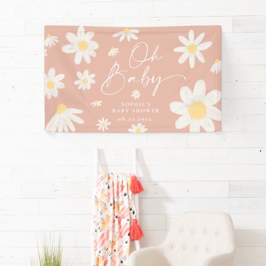 Boho Pink Daisy Flower Baby shower Banner (Insitu)