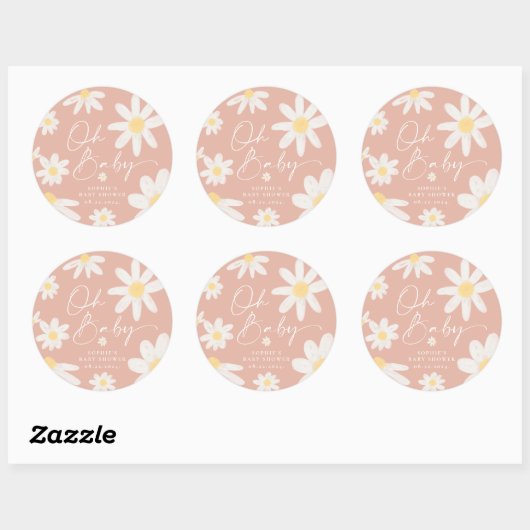 Boho Pink Daisy Flower Round Sticker (Vel)