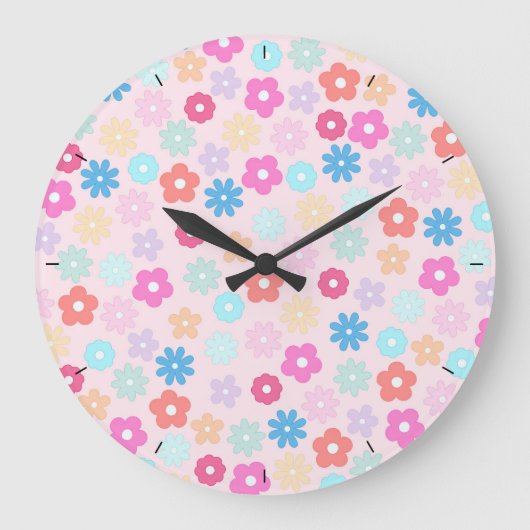 Boho Pink Daisy Flowers Patroon Grote Klok (Voorkant)