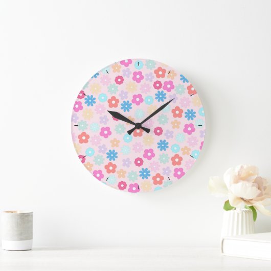 Boho Pink Daisy Flowers Patroon Grote Klok (Huis)