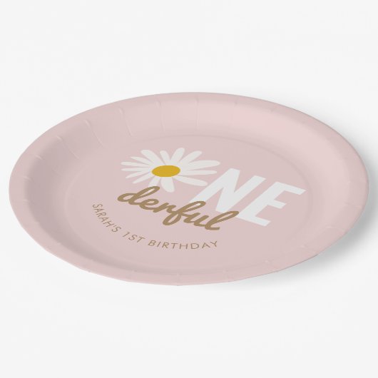 Boho Pink Daisy ONEderful 1st Birthday Party Papieren Bordje (Gekanteld)