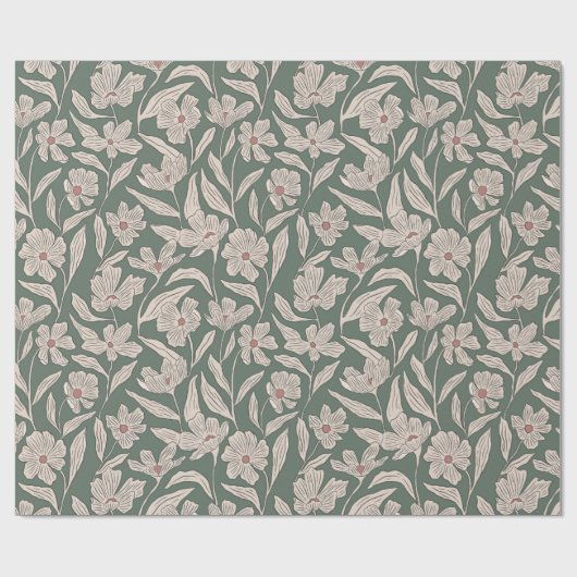 Boho Pink & Dark Green Hand Drawn Floral Pattern Cadeaupapier (Vlak)