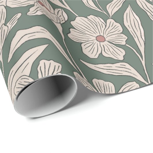 Boho Pink & Dark Green Hand Drawn Floral Pattern Cadeaupapier (Rol Hoek)