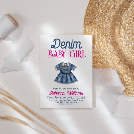 Boho Pink Denim Girl Blue Jean Baby Shower Kaart