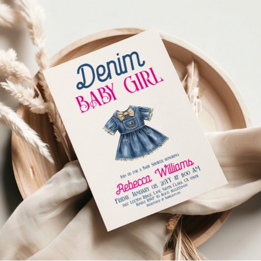 Boho Pink Denim Girl Blue Jean Baby Shower Kaart
