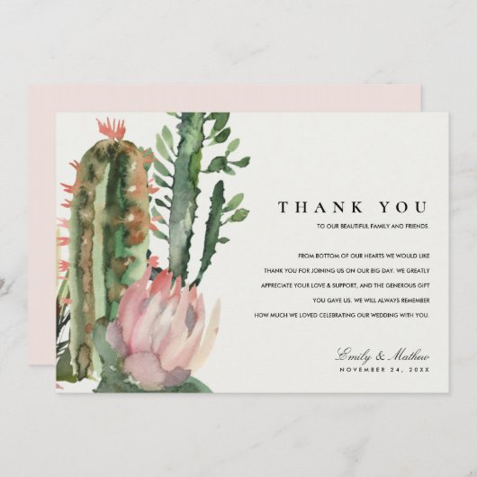 BOHO PINK DESERT CACTUS FLORAL WATERVERF WEDING BEDANKKAART (Voorkant / Achterkant)