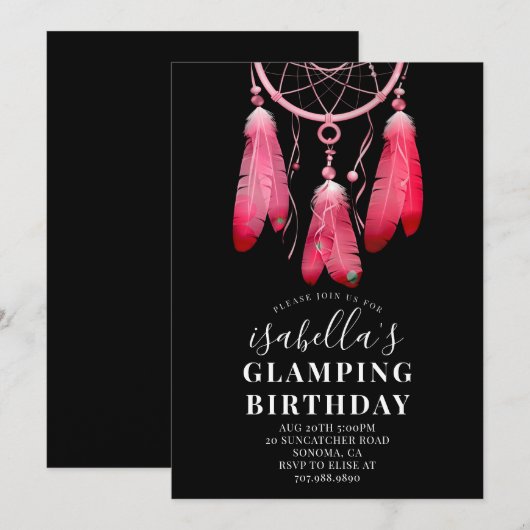 Boho Pink Dream Catcher Glamping Birthday Black Kaart (Voorkant / Achterkant)