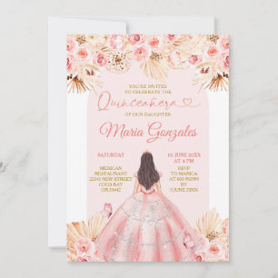 Boho Pink Dress Floral Princess Quinceañera Kaart