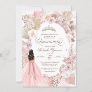 Boho Pink Dried Floral Rozen Quinceanera Birthday Kaart