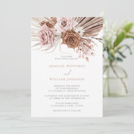 Boho Pink Dusty Roos Blush Bohemian Floral Wedding Kaart (Staand voorkant)