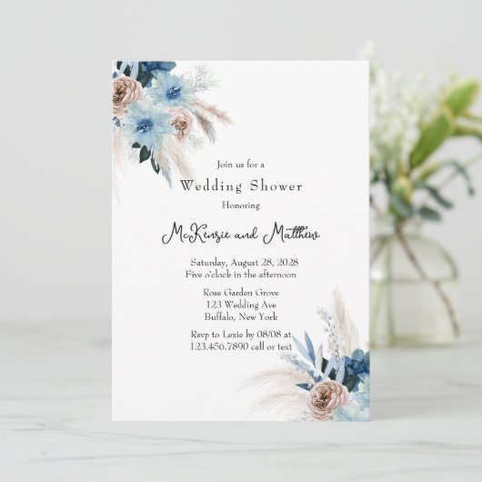 Boho Pink en Blue Peony Bouquet Wedding Shower Kaart (Staand voorkant)