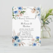 Boho Pink en Blue Peony Pampas Grass Wedding Kaart (Staand voorkant)