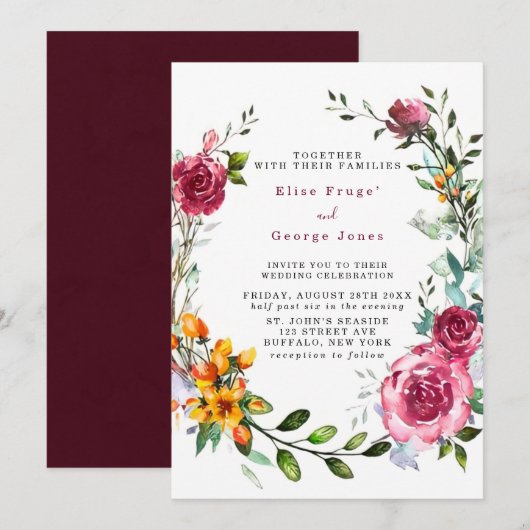 Boho Pink en Burgundy Waterverf Floral Wedding Kaart (Voorkant / Achterkant)