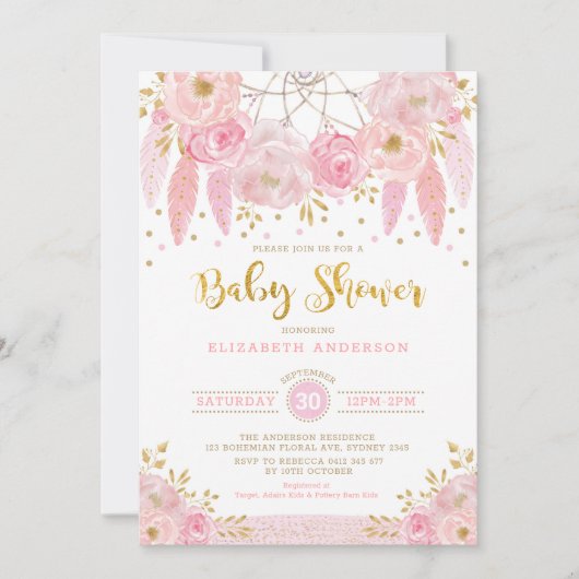 Boho Pink en Gold Dreamweaver Floral Baby shower Kaart (Voorkant)