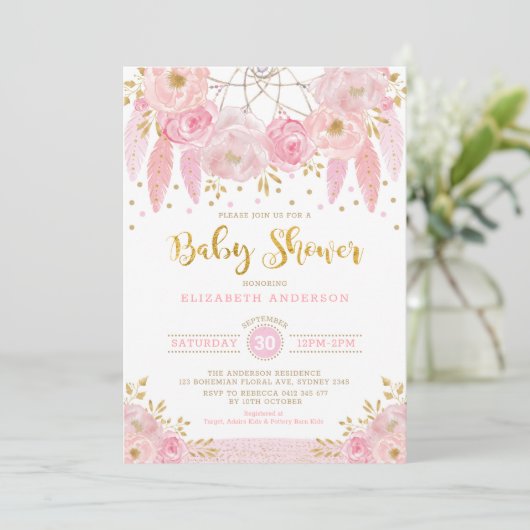 Boho Pink en Gold Dreamweaver Floral Baby shower Kaart (Staand voorkant)