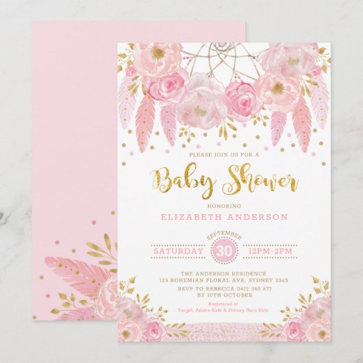 Boho Pink en Gold Dreamweaver Floral Baby shower Kaart (Voorkant / Achterkant)