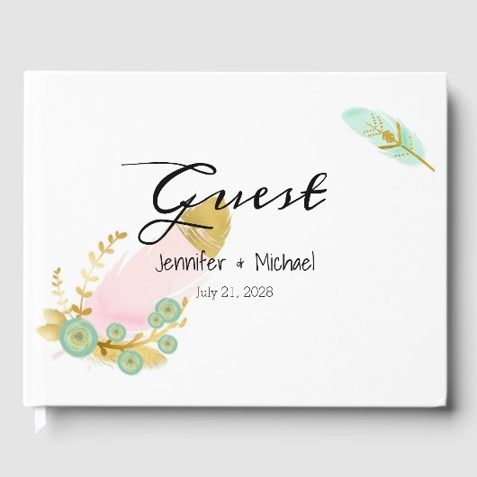 Boho Pink en Gold Feathers Gastenboek (Voorkant)