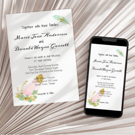 Boho Pink en Gold Feathers Invitation Save The Date