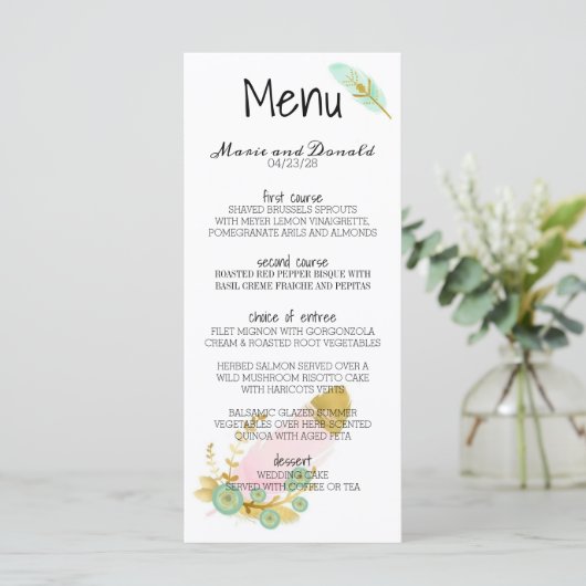 Boho Pink en Gold Feathers Menu (Staand voorkant)