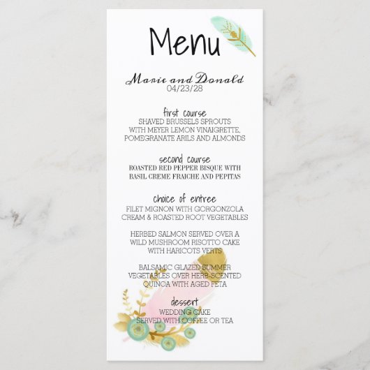 Boho Pink en Gold Feathers Menu (Voorkant)