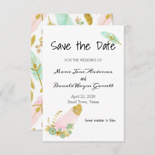 Boho Pink en Gold Feathers Opslaan Datum (Voorkant / Achterkant)