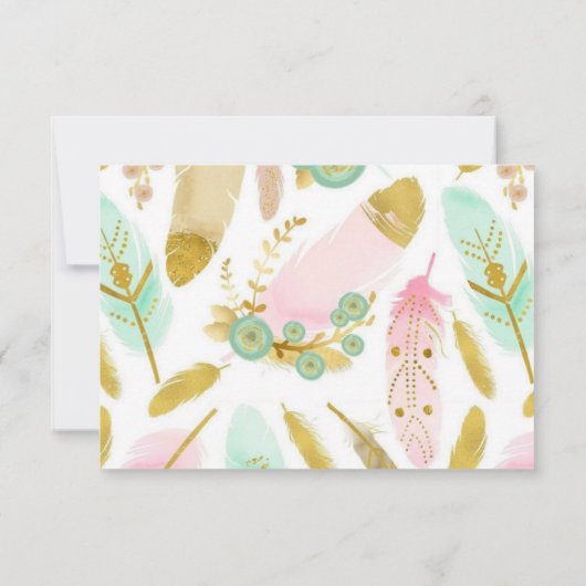 Boho Pink en Gold Feathers RSVP Kaartje (Achterkant)