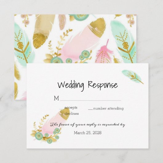 Boho Pink en Gold Feathers RSVP Kaartje (Voorkant / Achterkant)