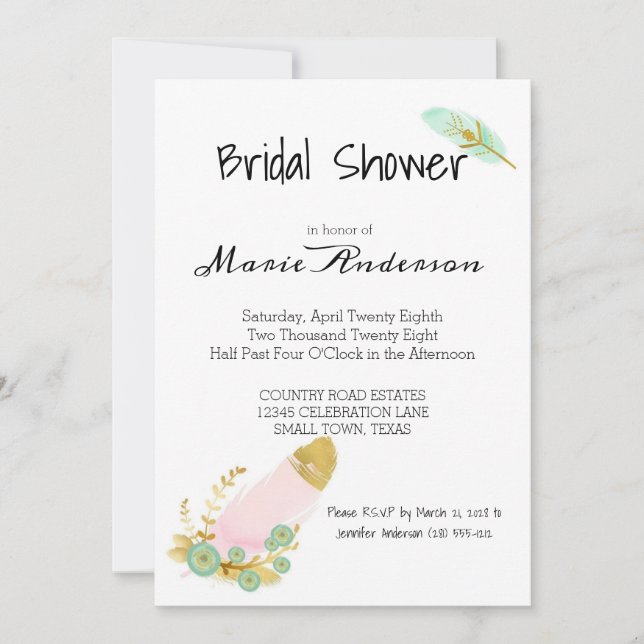 Boho Pink en Gold Feathers Shower Invitation (Voorkant)