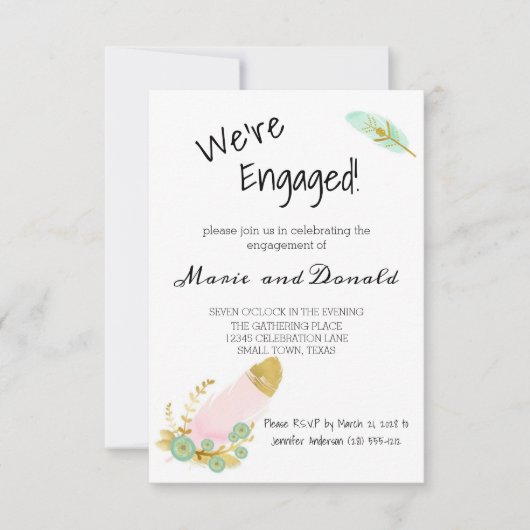 Boho Pink en Gold Feathers Verloving Invitation (Voorkant)