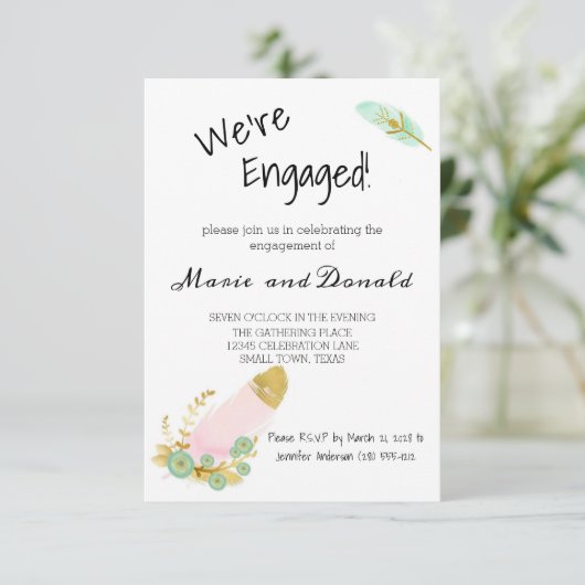 Boho Pink en Gold Feathers Verloving Invitation (Staand voorkant)