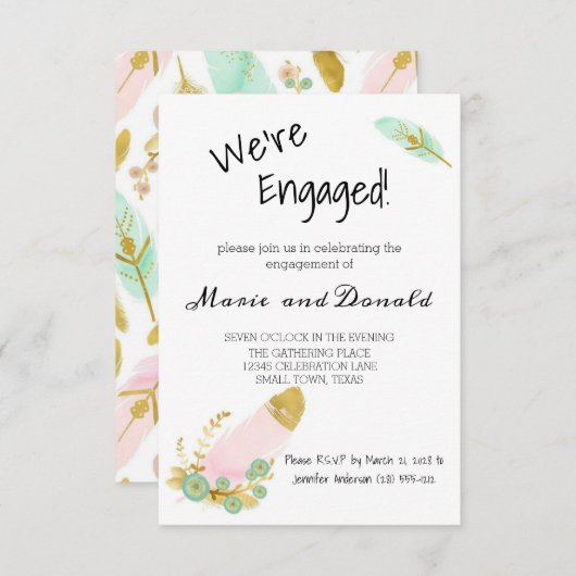 Boho Pink en Gold Feathers Verloving Invitation (Voorkant / Achterkant)