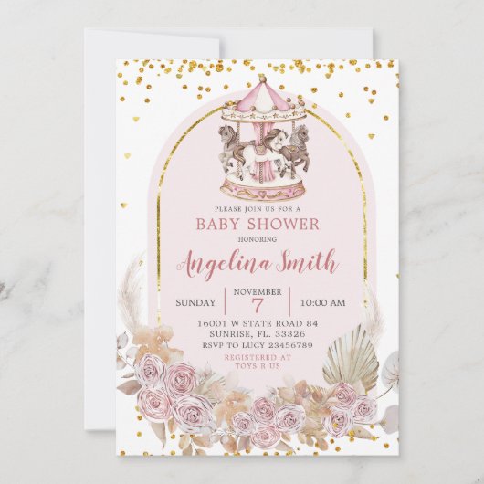 Boho Pink en Gold Floral Carrousel Baby shower Kaart (Voorkant)