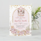 Boho Pink en Gold Floral Carrousel Baby shower Kaart (Staand voorkant)