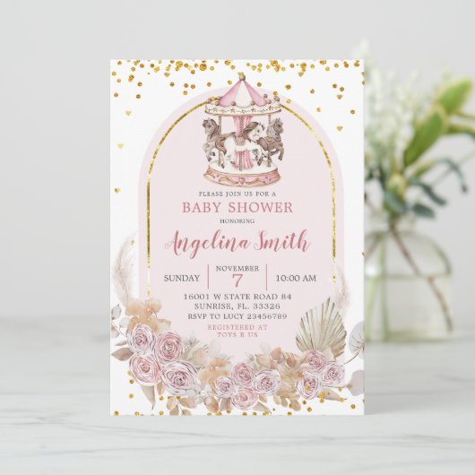 Boho Pink en Gold Floral Carrousel Baby shower Kaart (Staand voorkant)