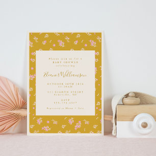 Boho Pink en Mustard Yellow Floral Baby shower Kaart