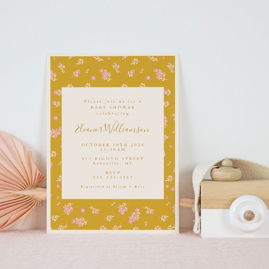 Boho Pink en Mustard Yellow Floral Baby shower Kaart