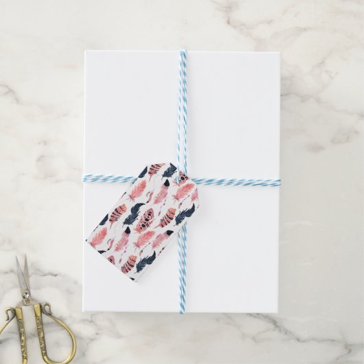 Boho Pink Feathers Cadeaulabel (Met Touw)