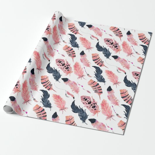 Boho Pink Feathers Cadeaupapier (Uitgerold)